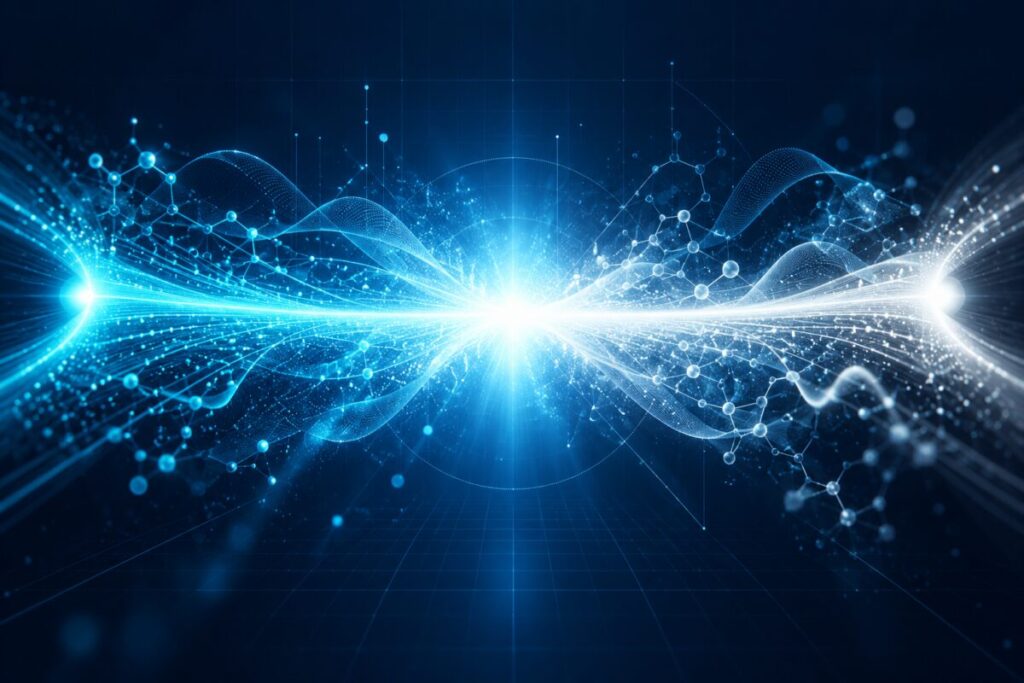 CJC-1295 et ipamoréline : Deux faisceaux lumineux qui se rejoignent et s'amplifient, symbole de synergie