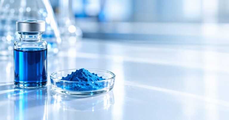 Solution bleue de peptide de cuivre GHK-Cu dans un flacon en verre de laboratoire