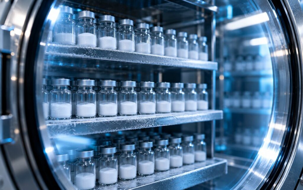 Intérieur d'un lyophilisateur de laboratoire avec flacons disposés sur les étagères