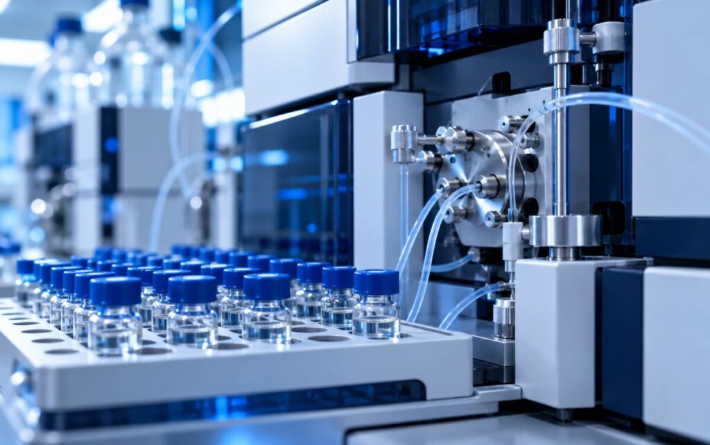 Colonne de chromatographie et flacons d'échantillons dans un laboratoire d'analyse
