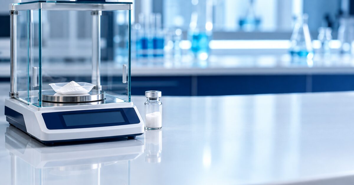 Flacon de peptide et poudre blanche sur une balance de précision de laboratoire