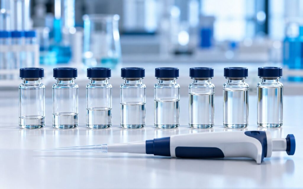Flacons de solution de concentrations différentes alignés en laboratoire