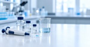 Pipette de précision et petits flacons de peptide sur une paillasse de laboratoire