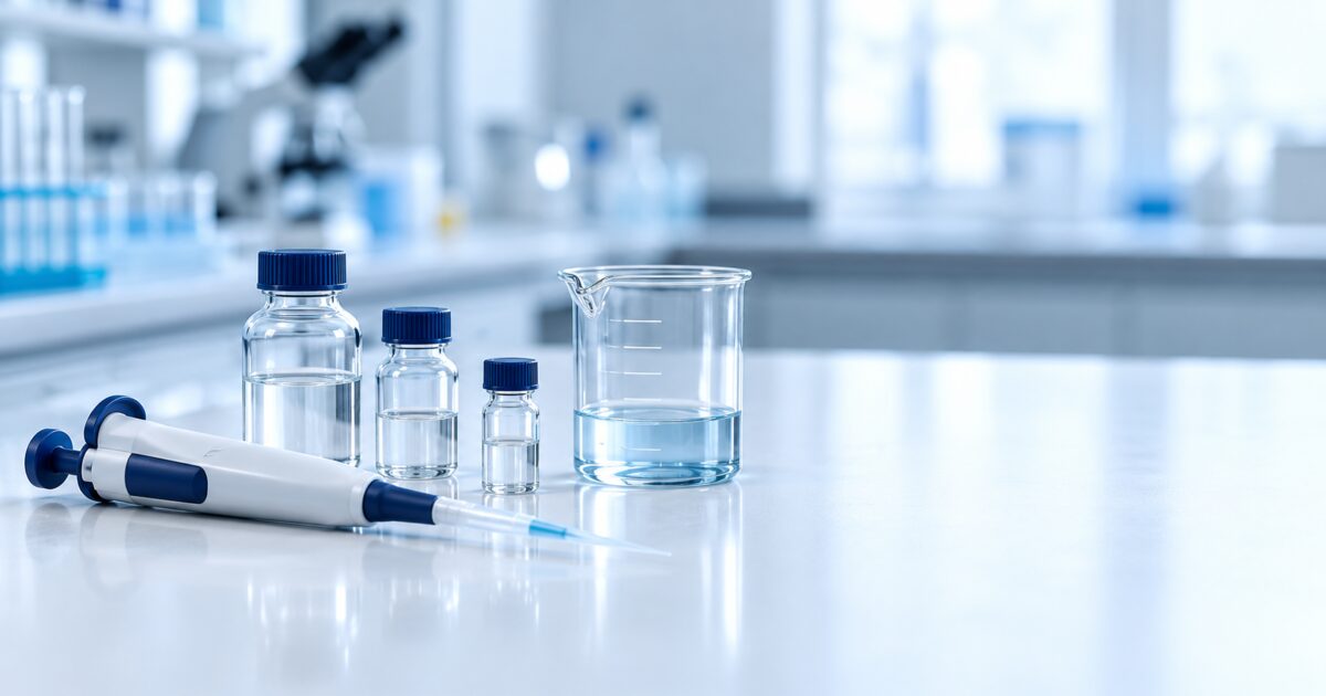 Pipette de précision et petits flacons de peptide sur une paillasse de laboratoire