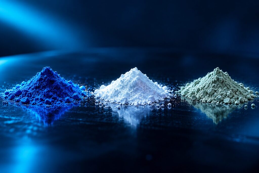 Trois petits tas de poudre, bleu franc, pâle et verdâtre, côte à côte