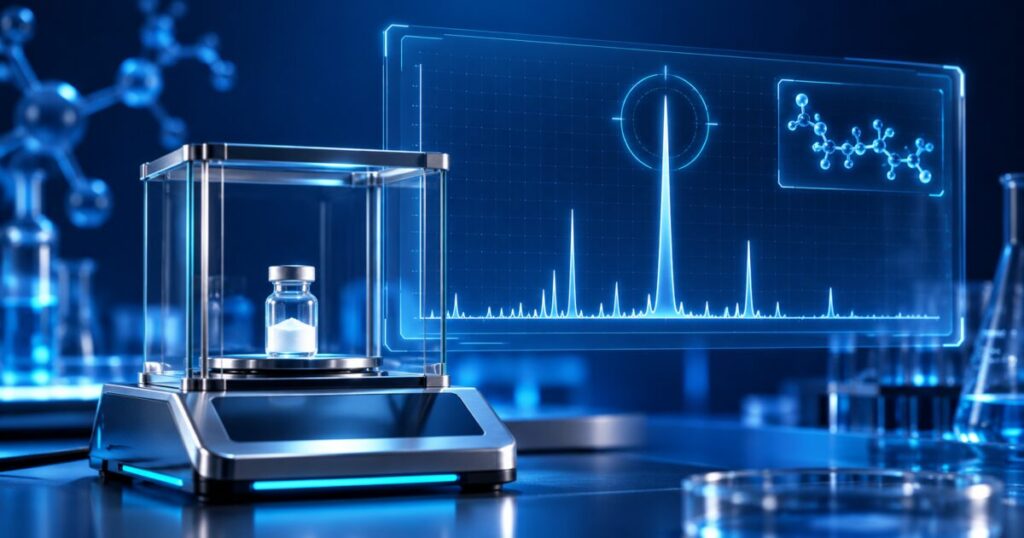 Spectre de masse holographique avec un pic net, vérification de l'identité d'un peptide
