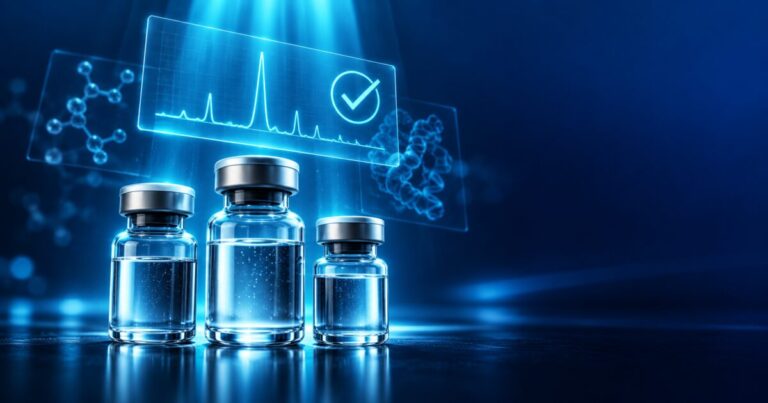 Trois flacons de CJC-1295 alignés sous un hologramme de certificat d'analyse