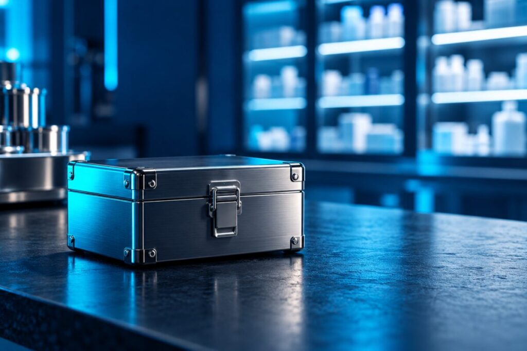 Une paillasse de laboratoire sombre opposée à une silhouette floue d'étagère de pharmacie
