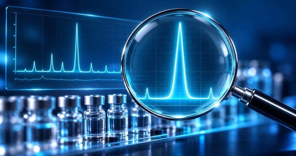 Acheter GHRP-2 : Loupe sur un chromatogramme avec un pic unique, vérification de pureté