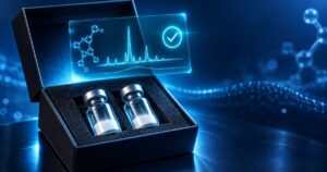 Deux flacons de GHRP dans une boîte d'expédition sous un hologramme de certificat