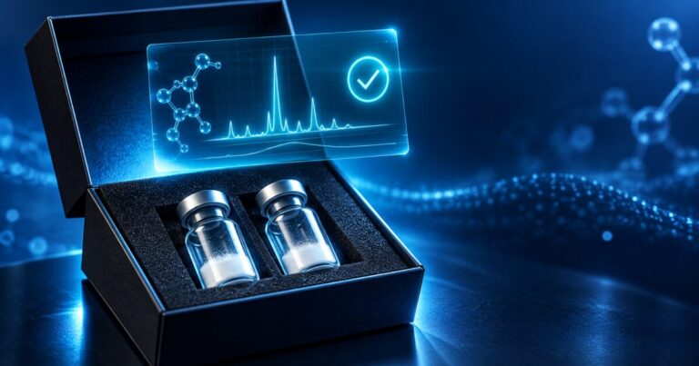 Deux flacons de GHRP dans une boîte d'expédition sous un hologramme de certificat