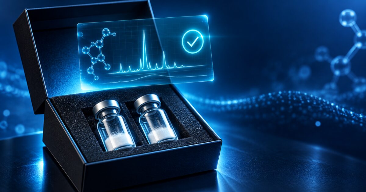 Deux flacons de GHRP dans une boîte d'expédition sous un hologramme de certificat