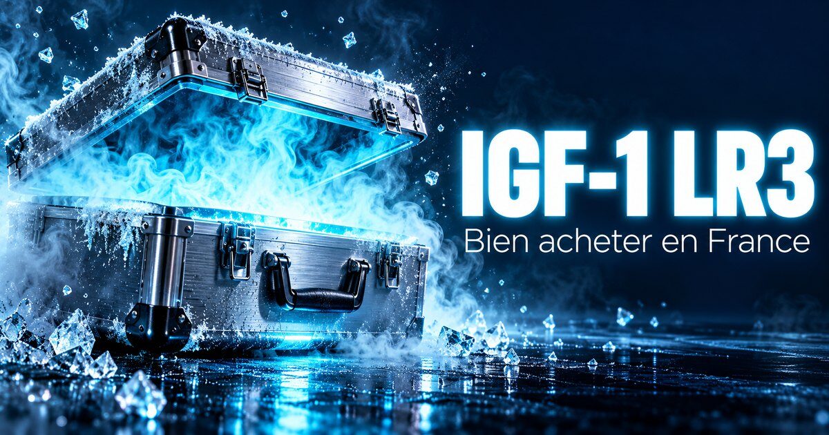 Acheter IGF-1 LR3 : paillasse vue du dessus avec glacière isotherme, cahier de laboratoire et rapport d'analyse