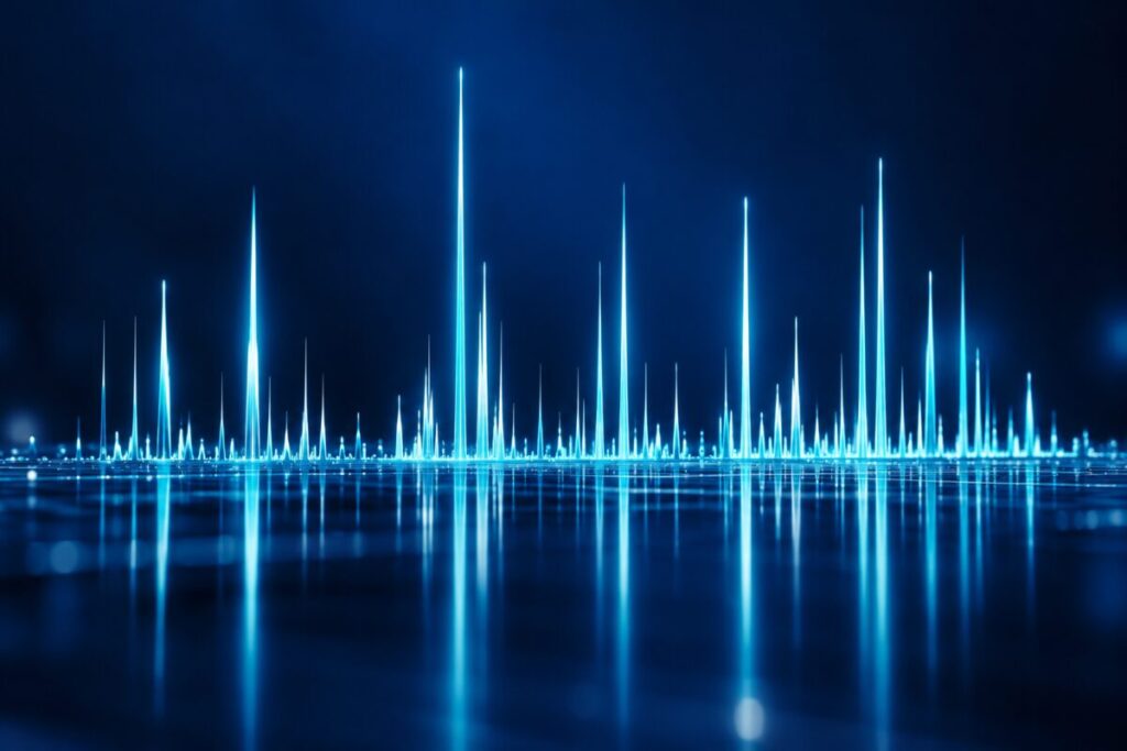Plusieurs faisceaux lumineux de hauteurs différentes formant un profil, sans texte