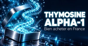 Acheter thymosine alpha-1 : écrin métallique d'où s'élève une chaîne de perles cyan