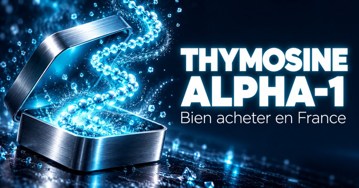 Acheter thymosine alpha-1 : écrin métallique d'où s'élève une chaîne de perles cyan