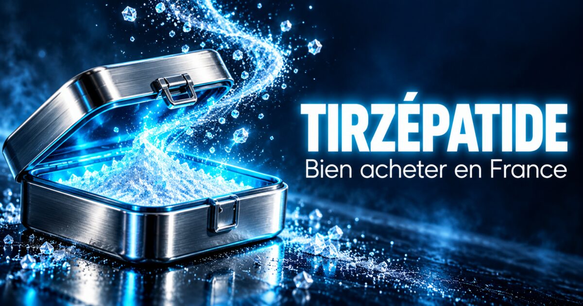 Acheter tirzépatide : coffret ouvert révélant une poudre cristalline lumineuse