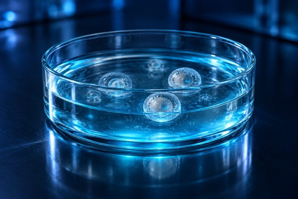 Des follicules en culture dans une boîte de laboratoire éclairée