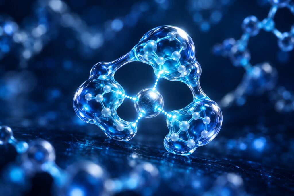 Trois perles moléculaires formant une pince autour d'un ion cuivre bleu