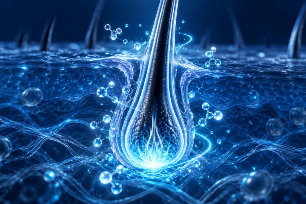 Un follicule pileux stylisé à la base lumineuse, entouré de petites molécules