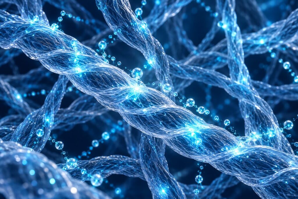 Un réseau de fibres de collagène lumineuses traversé de petites molécules