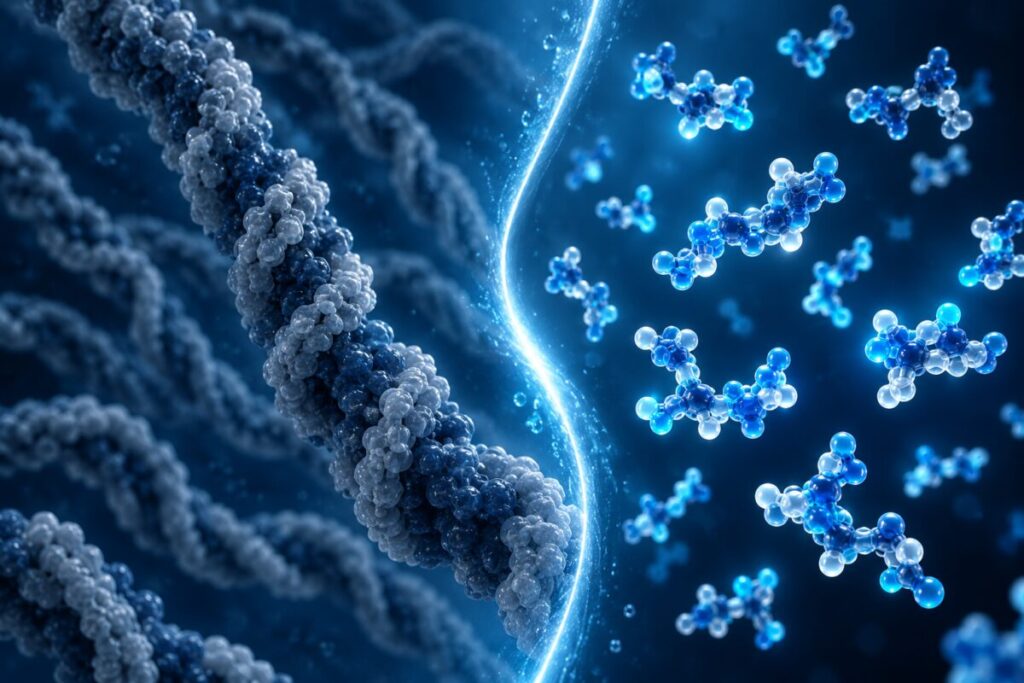 Des molécules qui s'empilent en fibre à gauche, libres à droite