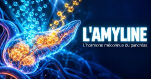L'amyline : un pancréas stylisé lumineux d'où s'échappent deux types de molécules