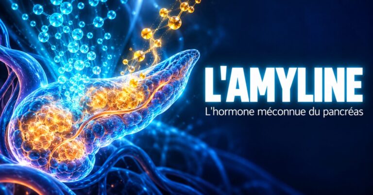 L'amyline : un pancréas stylisé lumineux d'où s'échappent deux types de molécules