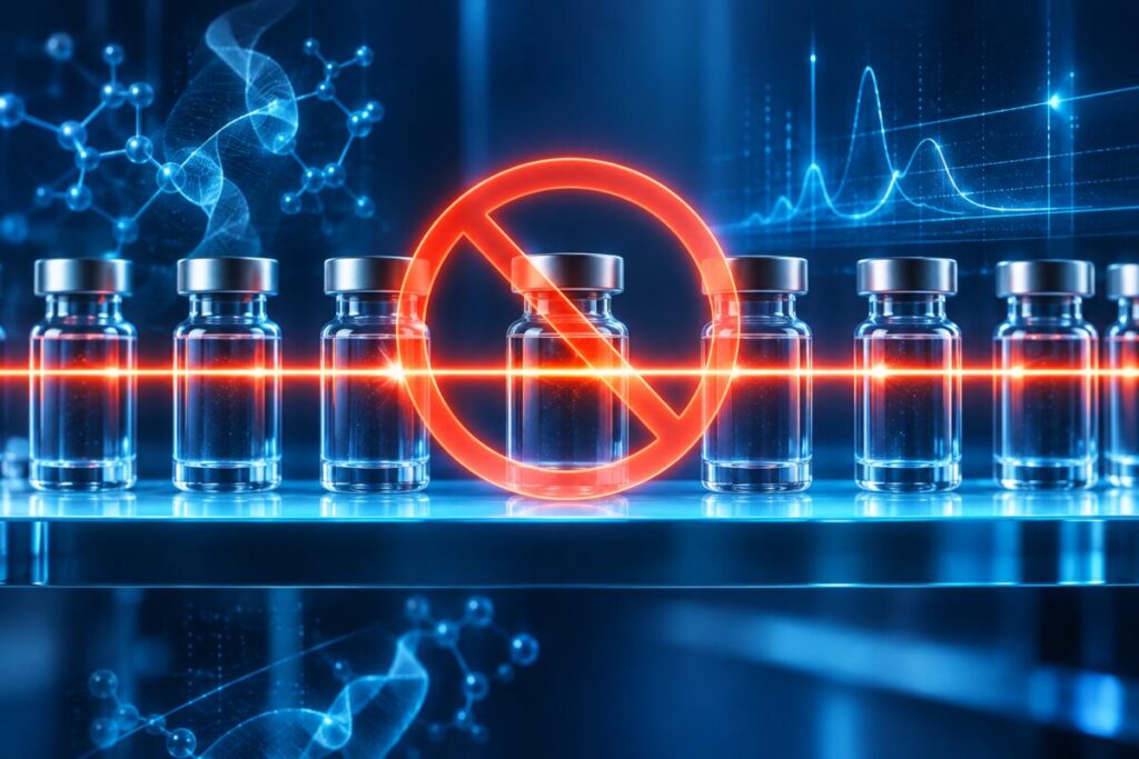 BPC-157 et dopage : Rangées de petits flacons barrés d'un faisceau lumineux, symbole des substances interdites