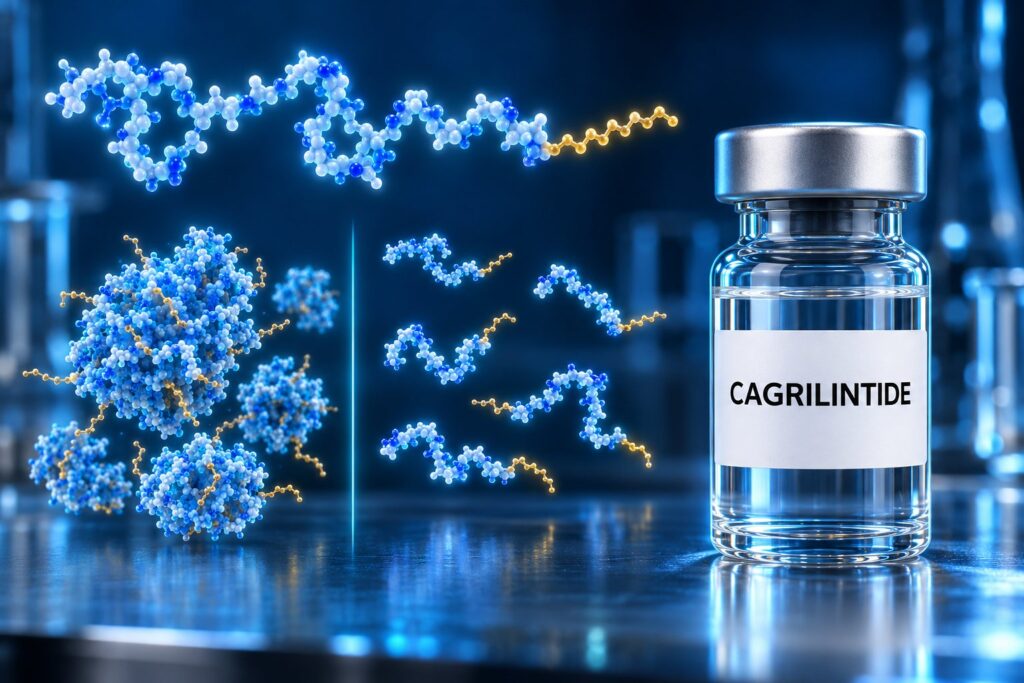 Reconstitution du cagrilintide : chaînes de peptide acylé agrégées ou bien dispersées en solution limpide