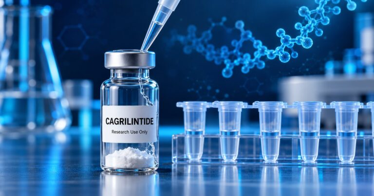 Reconstitution du cagrilintide : fiole de poudre lyophilisée étiquetée, micropipette et tubes d'aliquotes au laboratoire