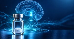 Flacon de CJC-1295 devant un hologramme de l'hypophyse et de l'axe hormonal