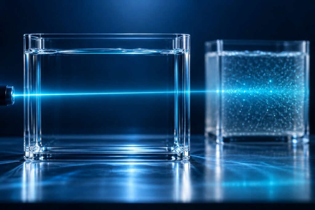 Eau parfaitement limpide traversée par un faisceau de lumière qui révèle l'absence de particules