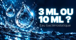 Eau bactériostatique 3 ml ou 10 ml : deux gouttes d'eau lumineuses de tailles différentes