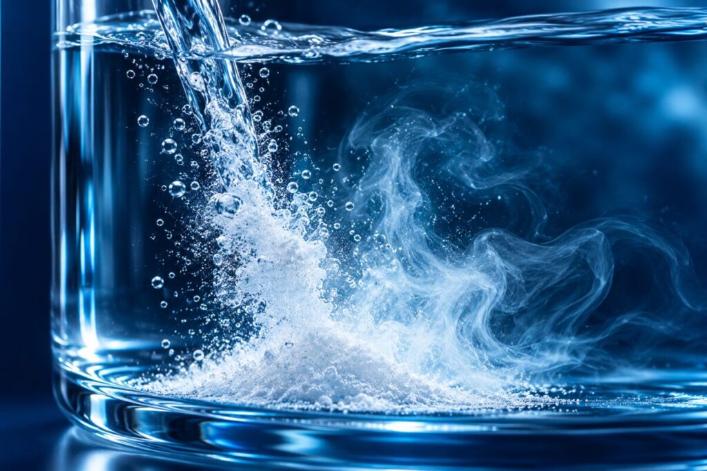 Un filet d'eau limpide qui dissout une poudre blanche en volutes