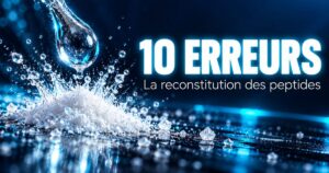 Reconstitution des peptides : goutte de solvant tombant au ralenti sur une poudre cristalline