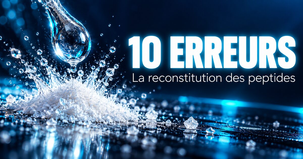 Reconstitution des peptides : goutte de solvant tombant au ralenti sur une poudre cristalline