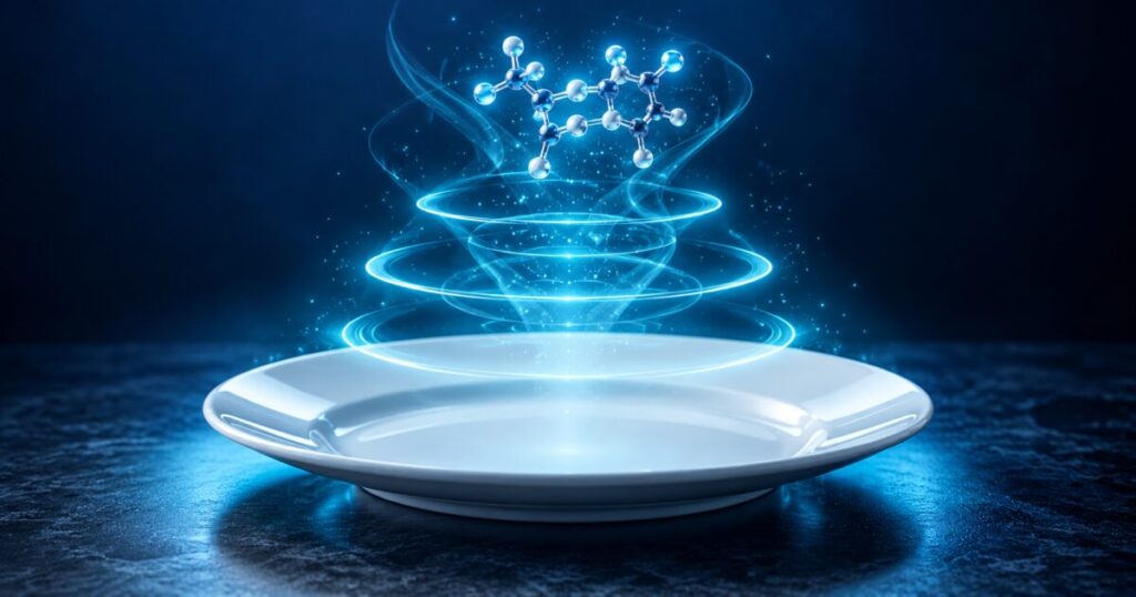 Assiette vide stylisée entourée d'ondes lumineuses, symbole de la faim et de la ghréline