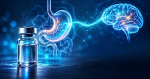 Flacon de GHRP-6 devant un hologramme d'estomac et de cerveau reliés