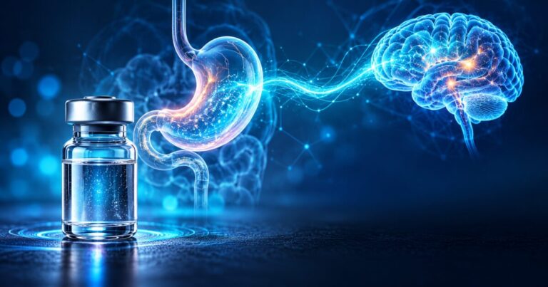 Flacon de GHRP-6 devant un hologramme d'estomac et de cerveau reliés