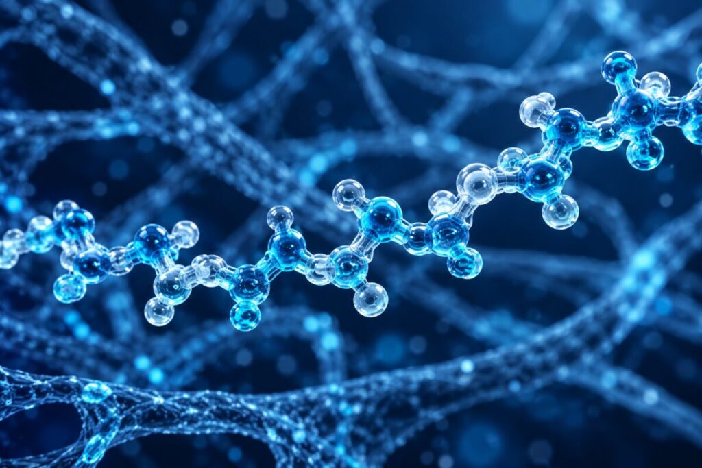 Des fibres amyloïdes vues au microscope, une molécule isolée au premier plan