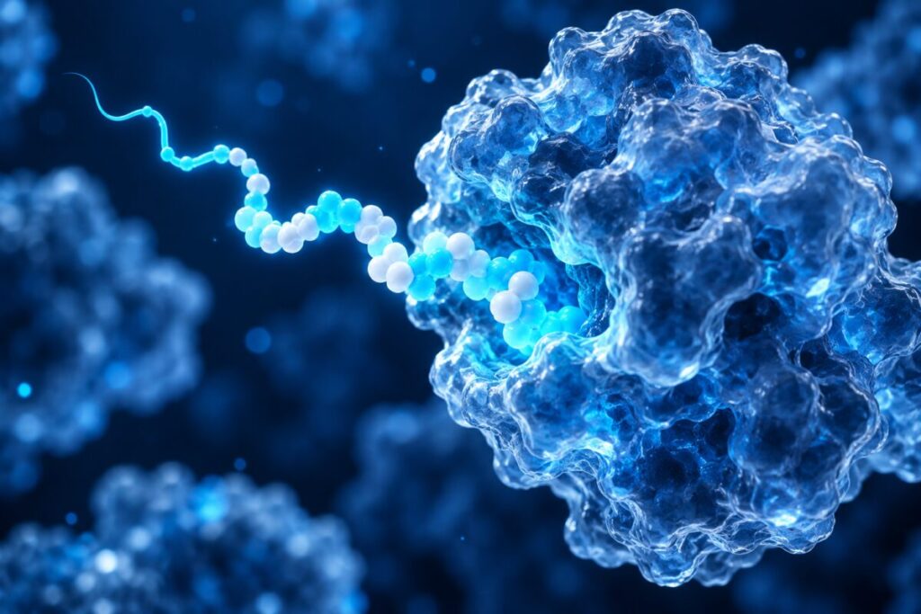 Une chaîne peptidique accrochée à une grande protéine sphérique