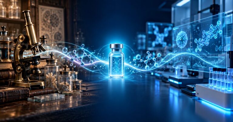 Frise lumineuse reliant un ancien laboratoire et un laboratoire moderne, histoire du BPC-157