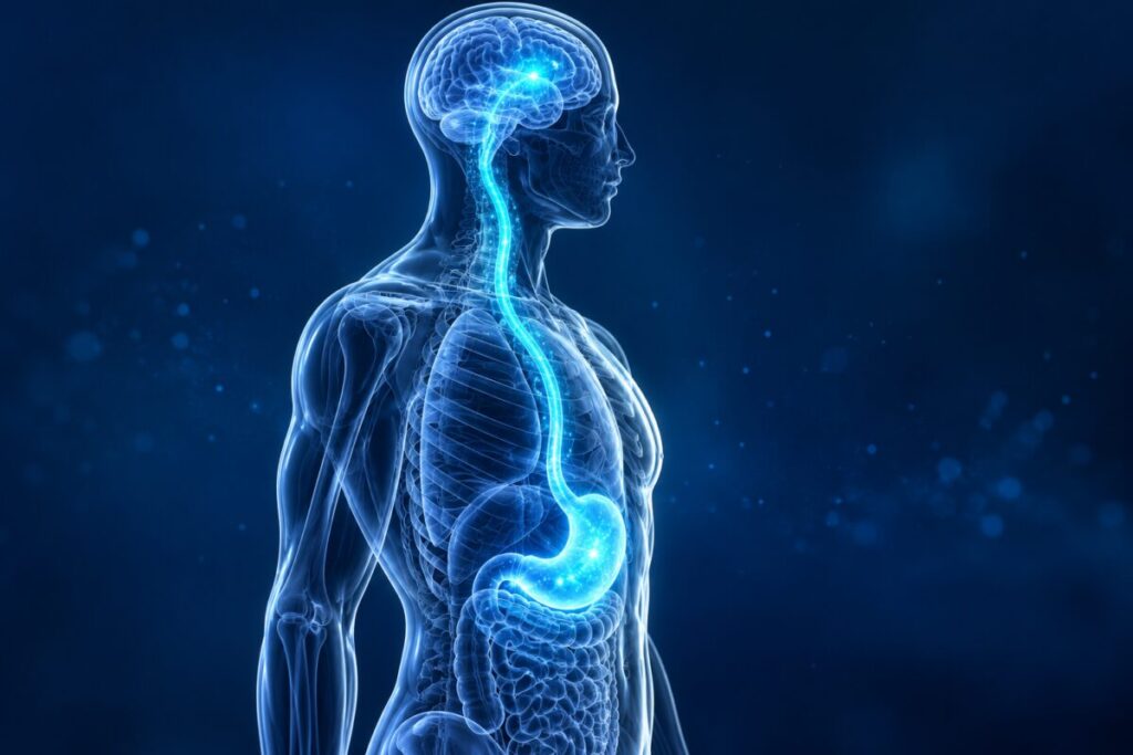 Un estomac stylisé translucide d'où s'échappe une hormone lumineuse vers le cerveau