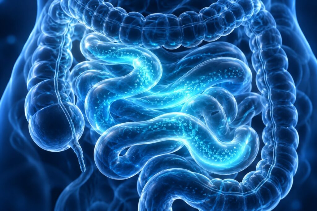 Un intestin stylisé lumineux en spirale, au repos, éclairé en cyan