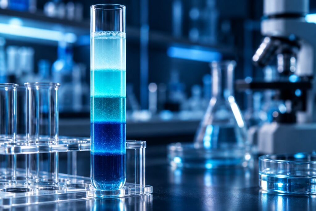 Un tube de laboratoire dont le contenu se sépare en plusieurs bandes lumineuses