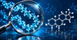 Loupe révélant une chaîne de peptide, à côté d'une molécule de stéroïde à quatre cycles