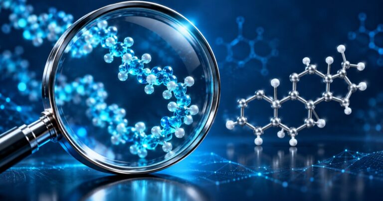 Loupe révélant une chaîne de peptide, à côté d'une molécule de stéroïde à quatre cycles