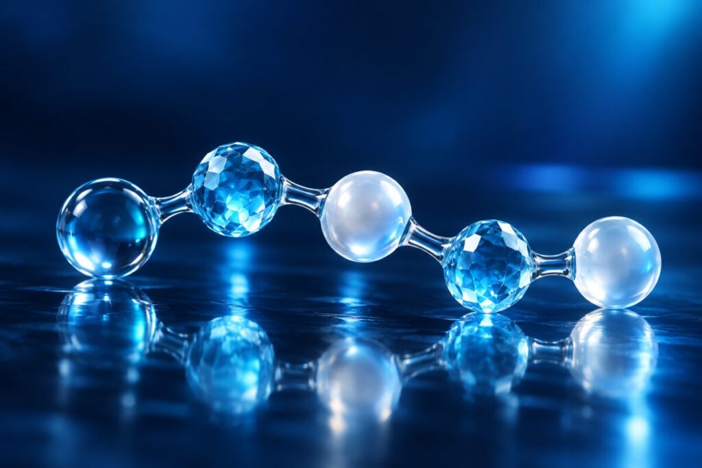 Une courte chaîne de cinq perles moléculaires lumineuses, dont trois de formes différentes