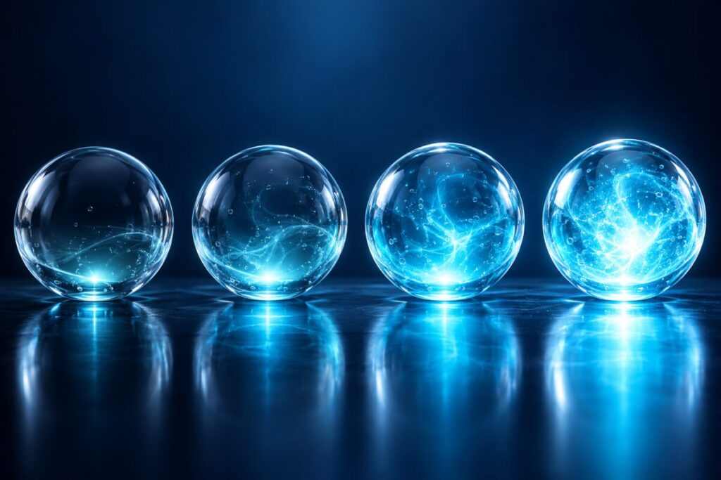 Quatre fioles de verre stylisées ou sphères lumineuses d'intensités différentes en rang
